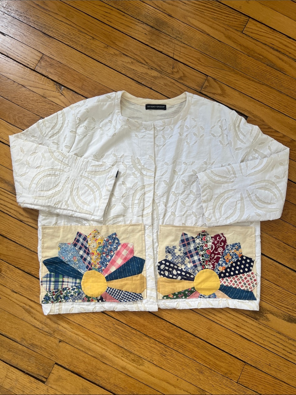 Embroidered Floral Patchwork Jacket in Cream with Multicolor Pockets